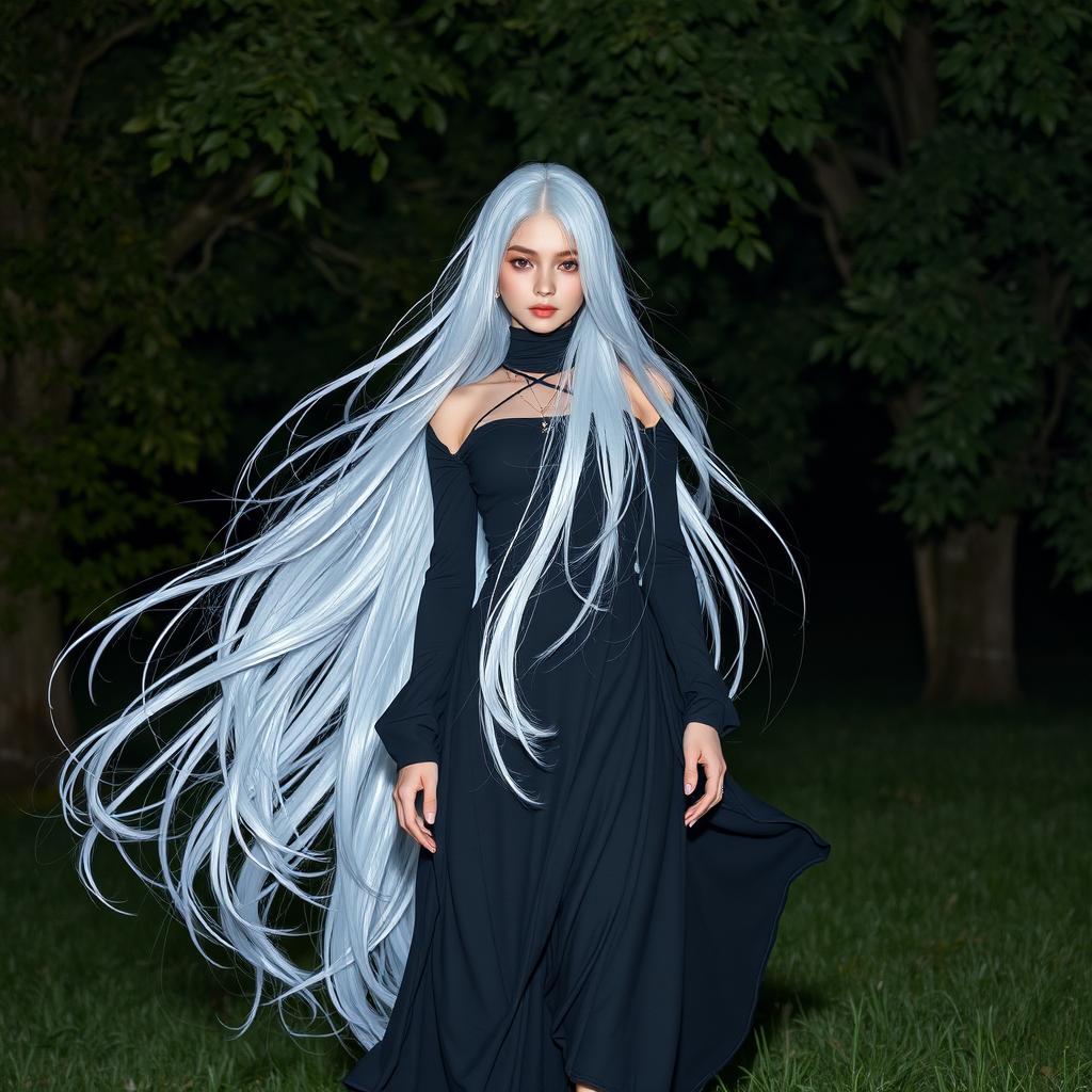 A stunning full-body portrait of a girl embodying ultra instinct, with an enchanting aura surrounding her body