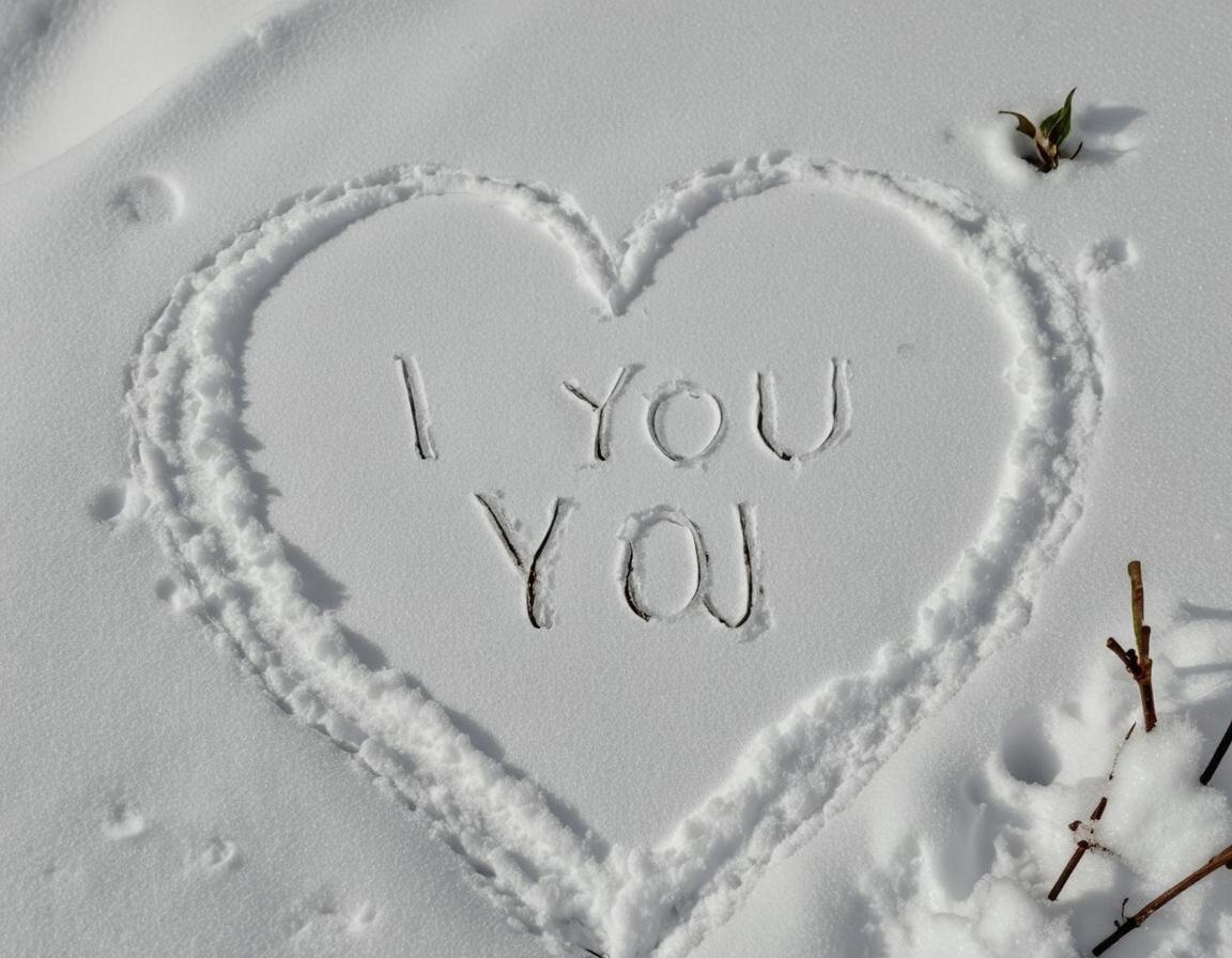 A heart shape drawn in fresh, untouched snow with the text 'I YOU YOU' clearly inscribed inside the heart