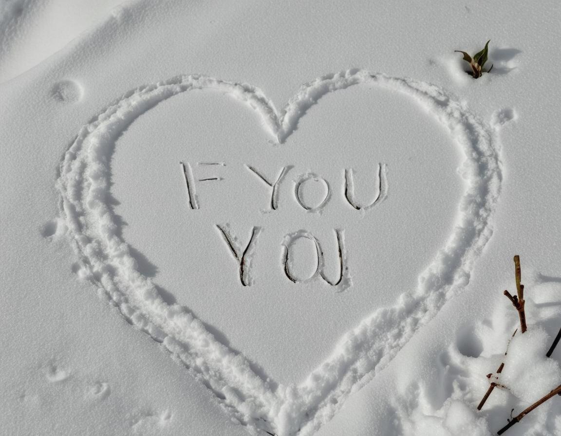 A heart shape drawn in shimmering, untouched snow, featuring the text 'I YOU YOU' inscribed within the heart