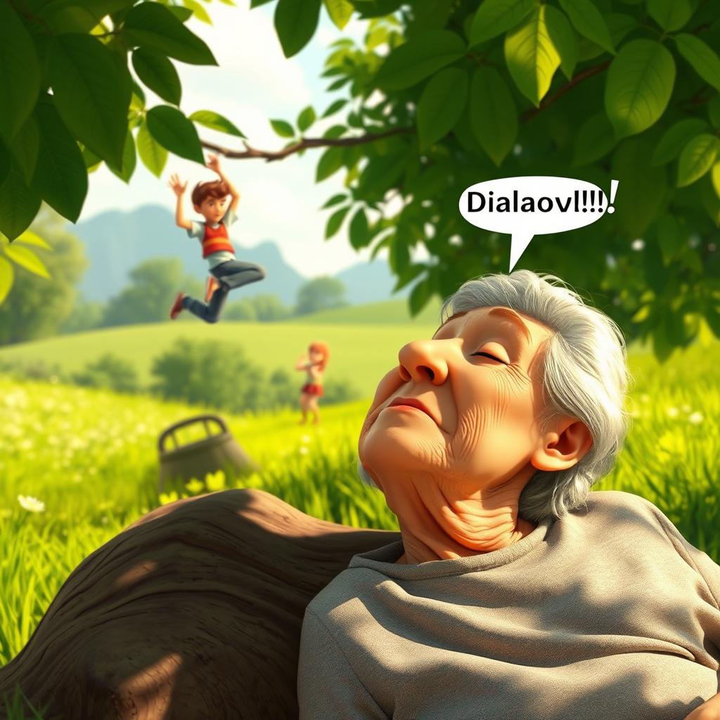 An elderly woman resting against a tree trunk, her eyes closed, looking peaceful and serene as she takes a deep breath, surrounded by a lush, green afternoon landscape