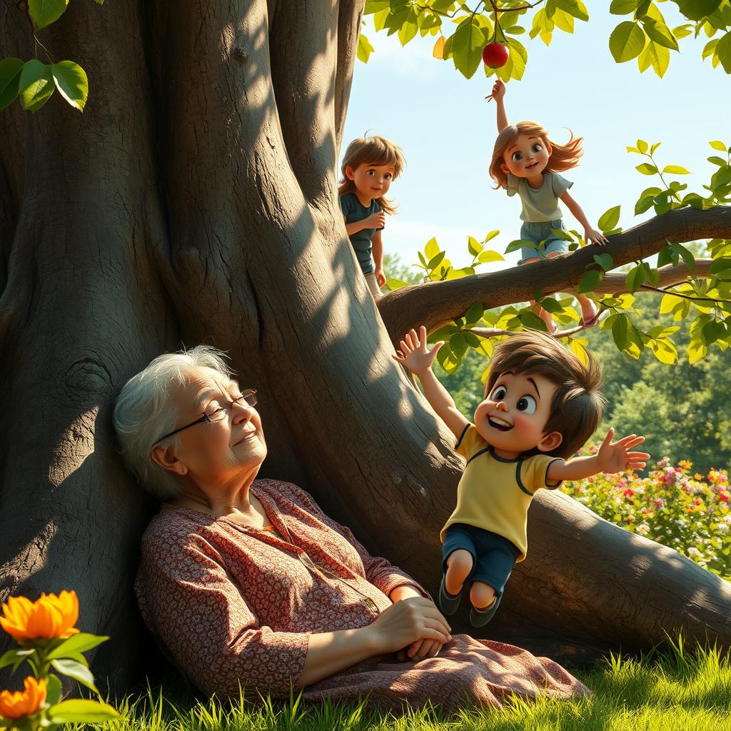 An elderly woman resting against the trunk of a large tree, eyes closed, with a peaceful expression