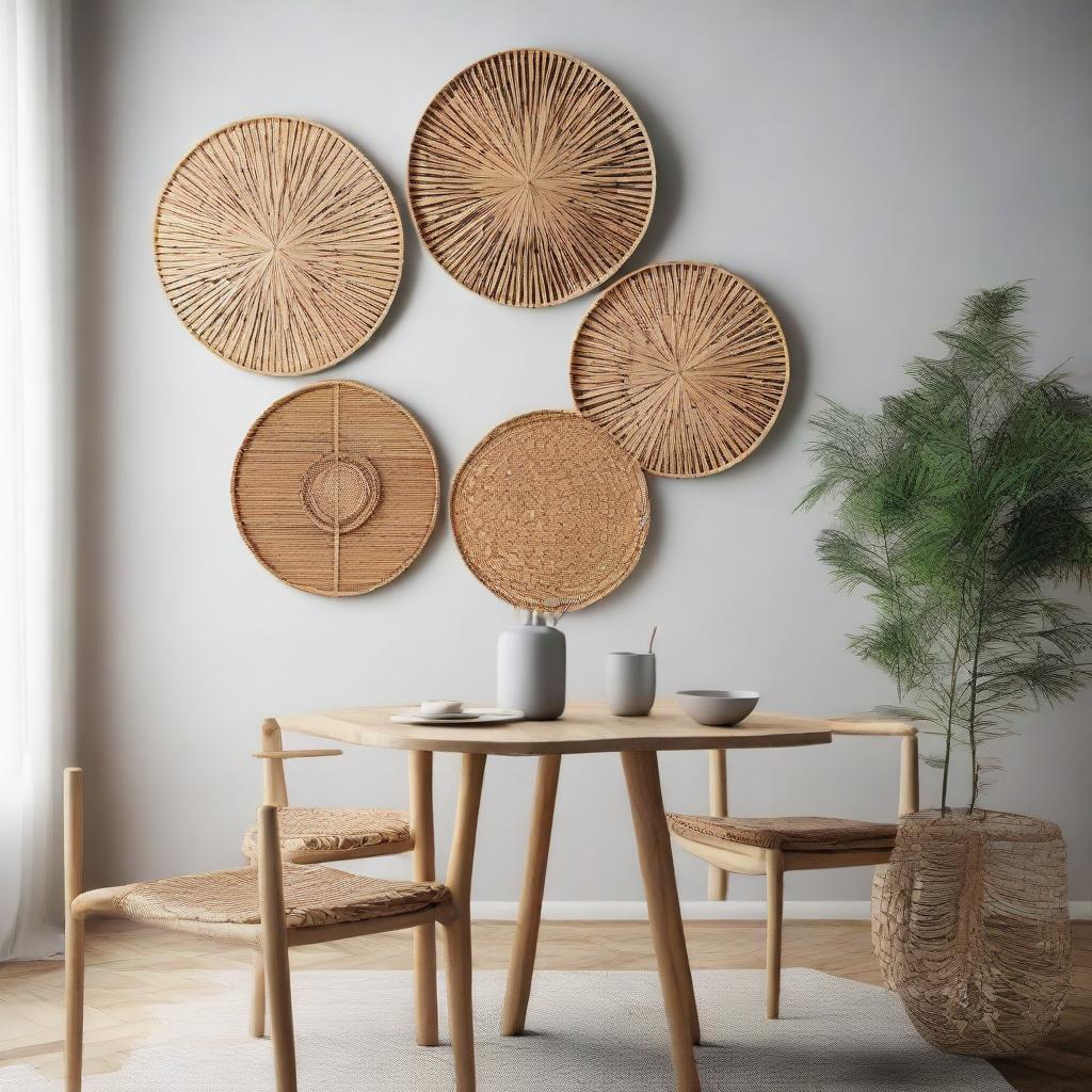 Detailed circular bamboo wall art decor, with rich texture, enhancing the aesthetic of a Scandinavian-style dining room