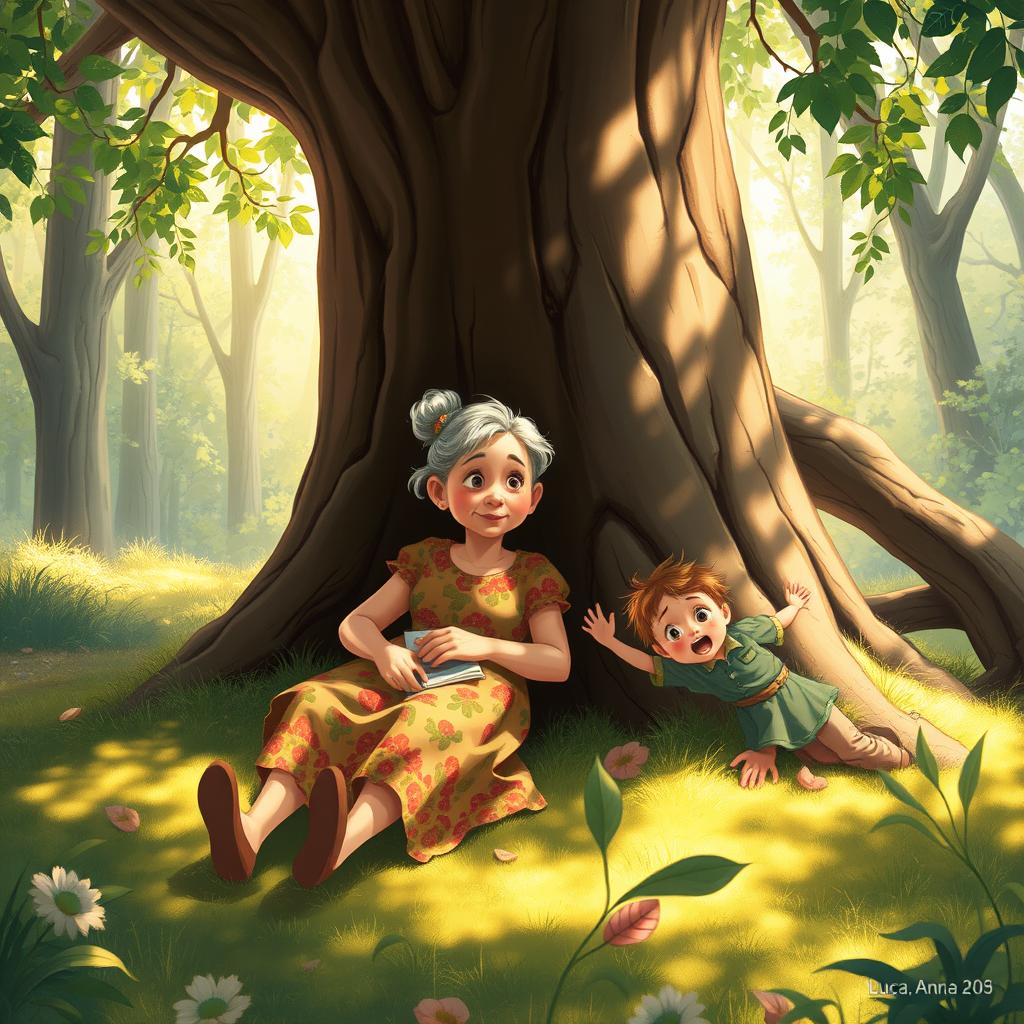 An elderly woman resting against a large tree trunk in a peaceful forest setting, sunlight filtering through the leaves, creating dappled patterns on the ground