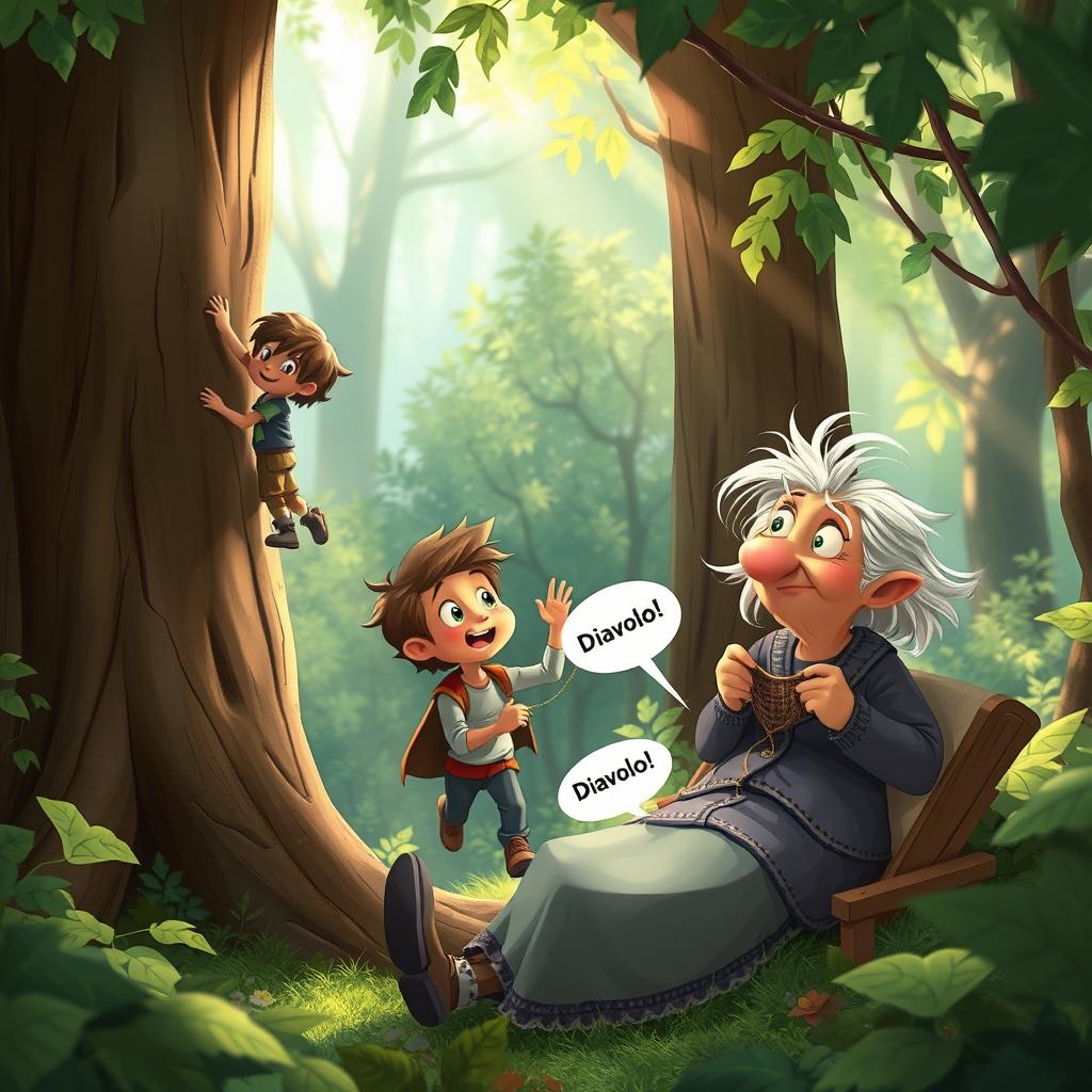 A whimsical scene set in an enchanted forest where two characters, Luca and Anna, share a playful glance before climbing a tall tree