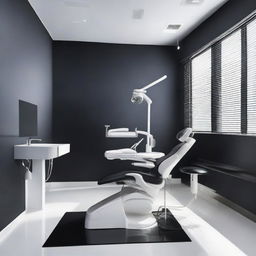 A sleek and contemporary dental unit, with a standout black dental chair and complementary black walls. Contrast is provided by the bright white flooring. The image showcases a unique fusion of contrasting colors and modern dental equipment.