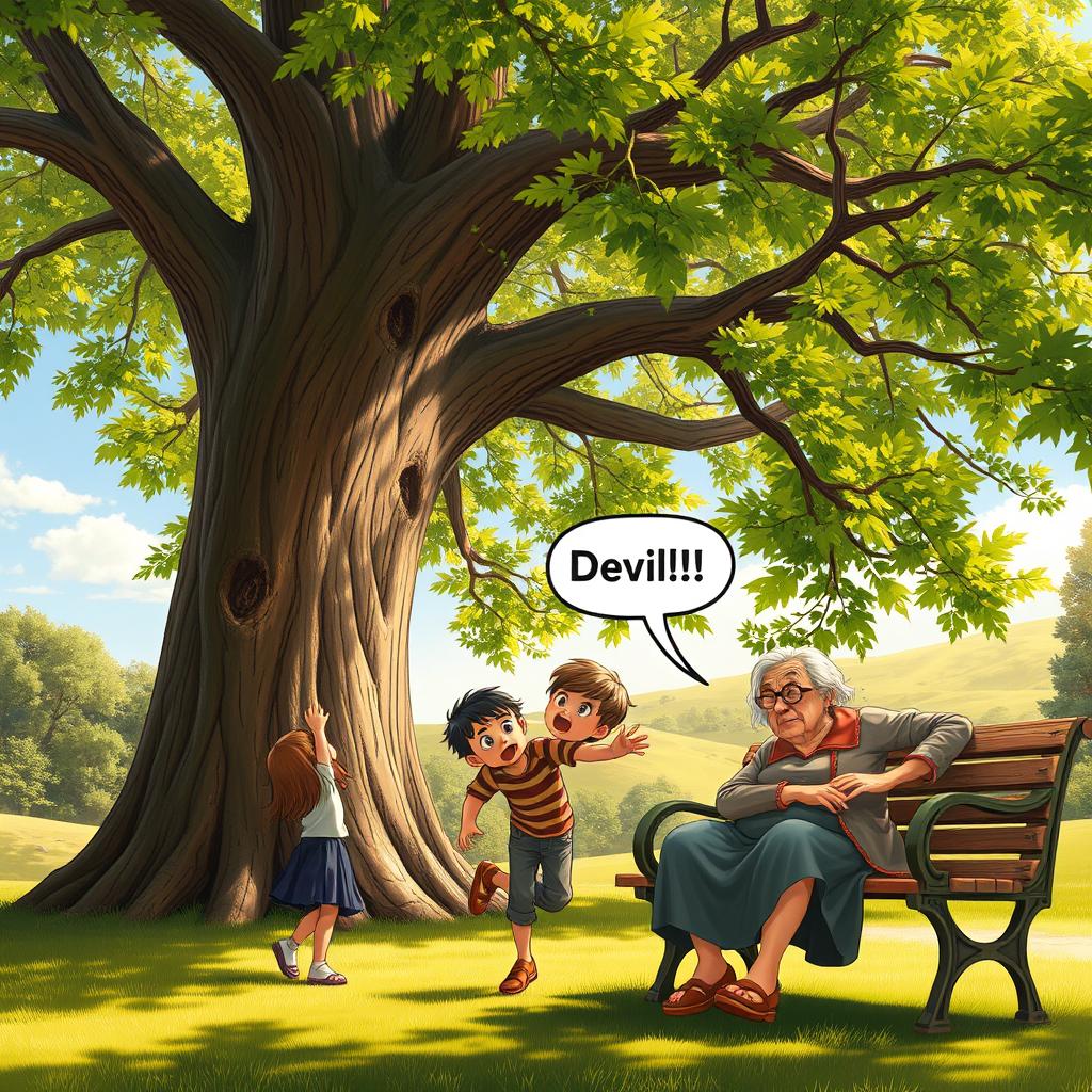 A scene depicting a tall, majestic tree with lush green leaves