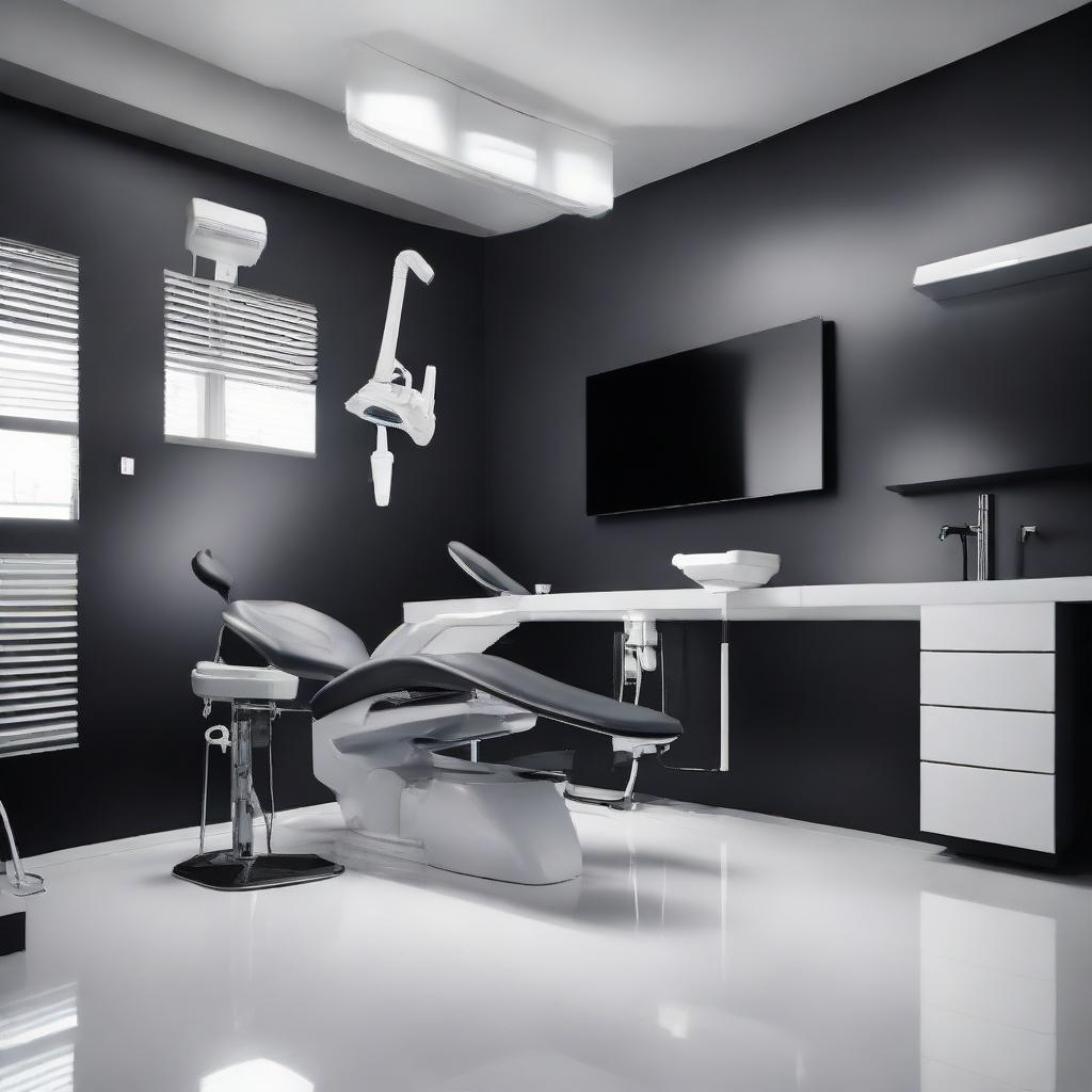 A sleek and contemporary dental unit, with a standout black dental chair and complementary black walls. Contrast is provided by the bright white flooring. The image showcases a unique fusion of contrasting colors and modern dental equipment.