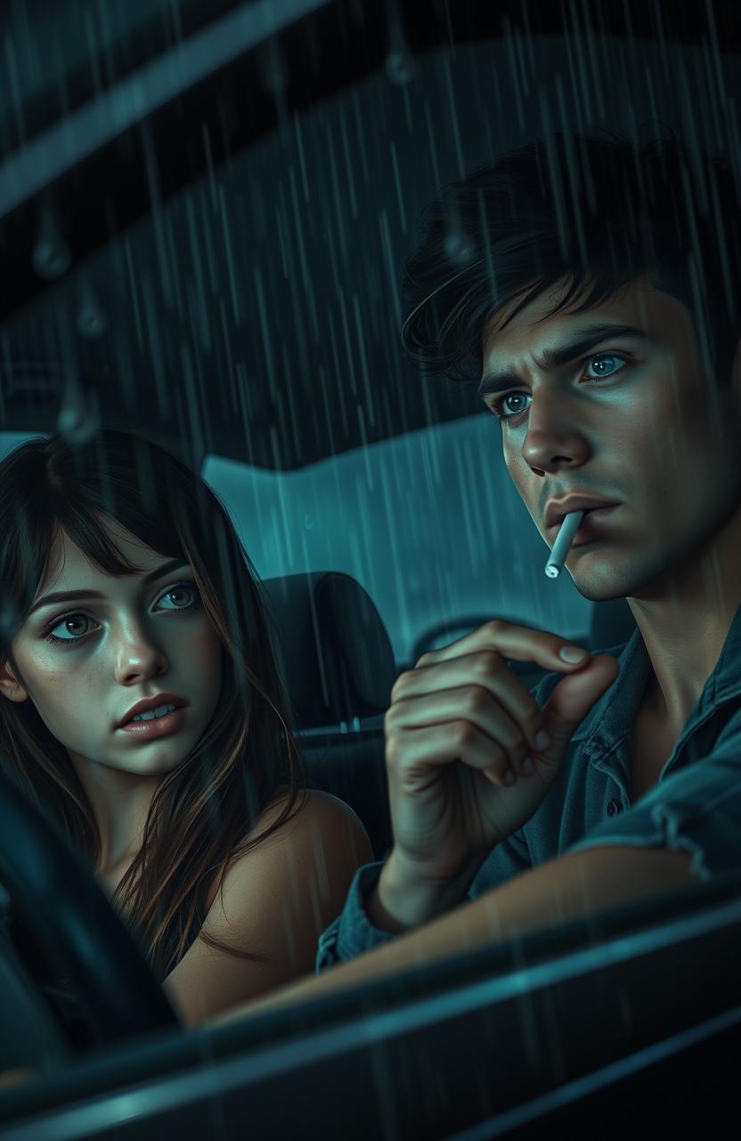A scene depicting a tense and captivating moment inside a car during a heavy rainstorm