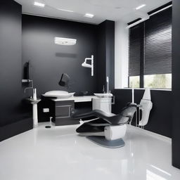 A sleek and contemporary dental unit, with a standout black dental chair and complementary black walls. Contrast is provided by the bright white flooring. The image showcases a unique fusion of contrasting colors and modern dental equipment.