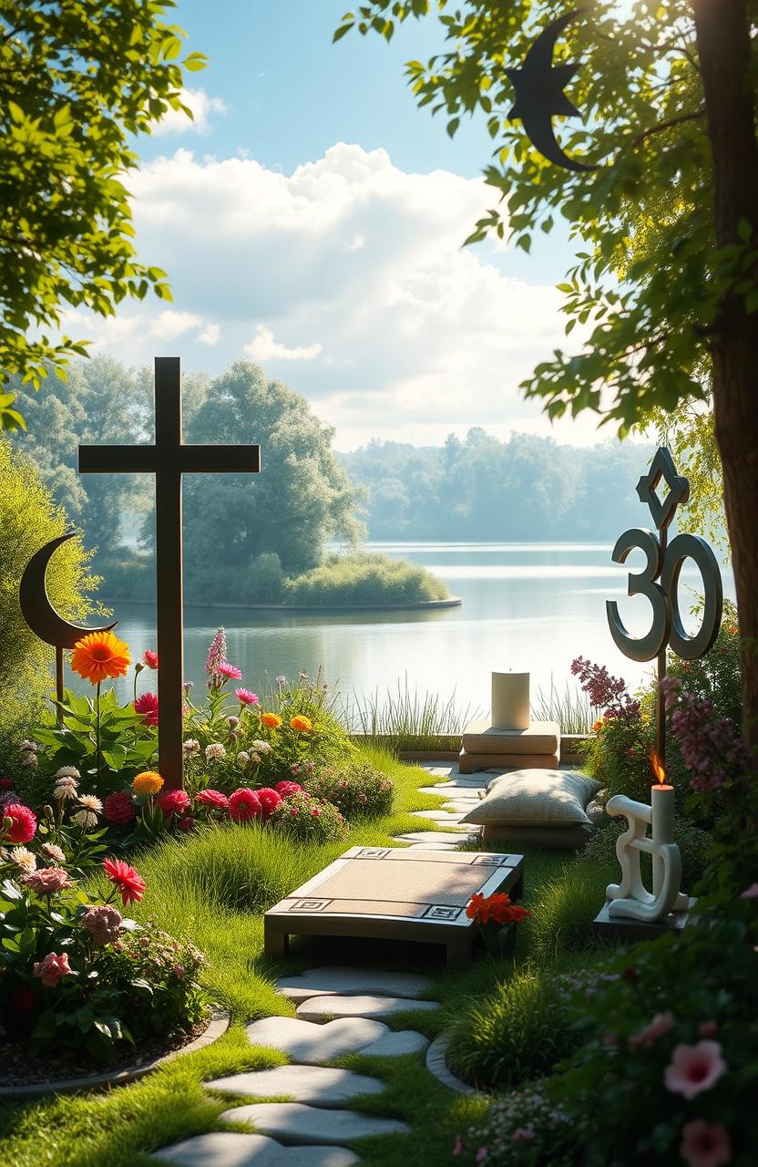 A serene and peaceful scene depicting various religious symbols harmoniously arranged in a lush, green garden