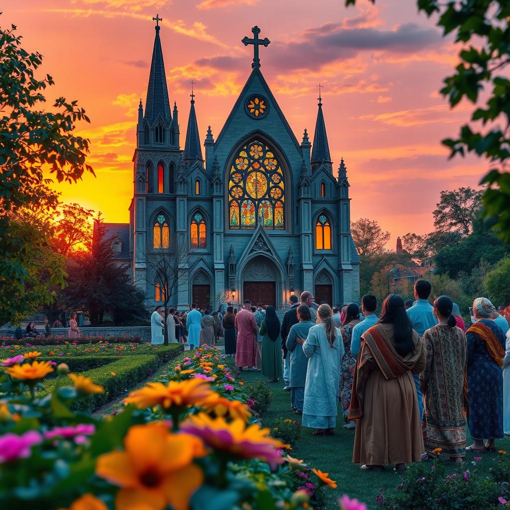 An artistic representation exploring the theme of religiosity, showcasing a beautiful cathedral illuminated during sunset, with colorful stained glass windows reflecting warm light