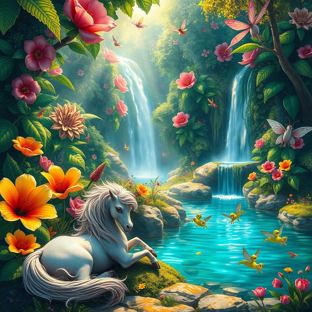 A vibrant and colorful fantasy scene set in a magical forest, featuring lush, oversized flowers and fantastical creatures like fairies and gentle dragons flying around