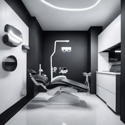 A sleek and contemporary dental unit, with a standout black dental chair and complementary black walls. Contrast is provided by the bright white flooring. The image showcases a unique fusion of contrasting colors and modern dental equipment.