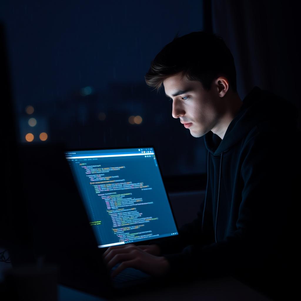 A focused young programmer sitting at a desk, wearing a black hoodie, coding intently on a computer in a dimly lit room