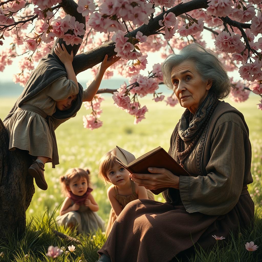 A mystical scene under a cherry blossom tree where an elderly woman with wise, crinkled features is sharing a story with two curious children, a boy and a girl