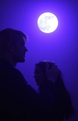 A tall man with blonde hair, standing at two meters, with his hands gently placed on the head of a dark-haired woman
