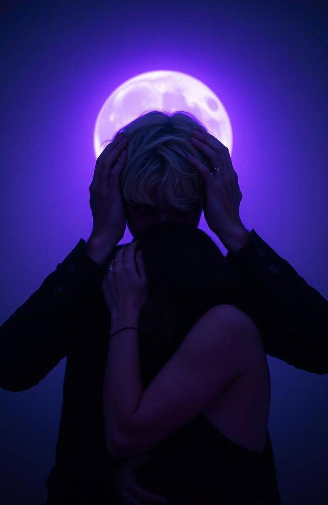 A tall man with blonde hair, standing at two meters, with his hands gently placed on the head of a dark-haired woman