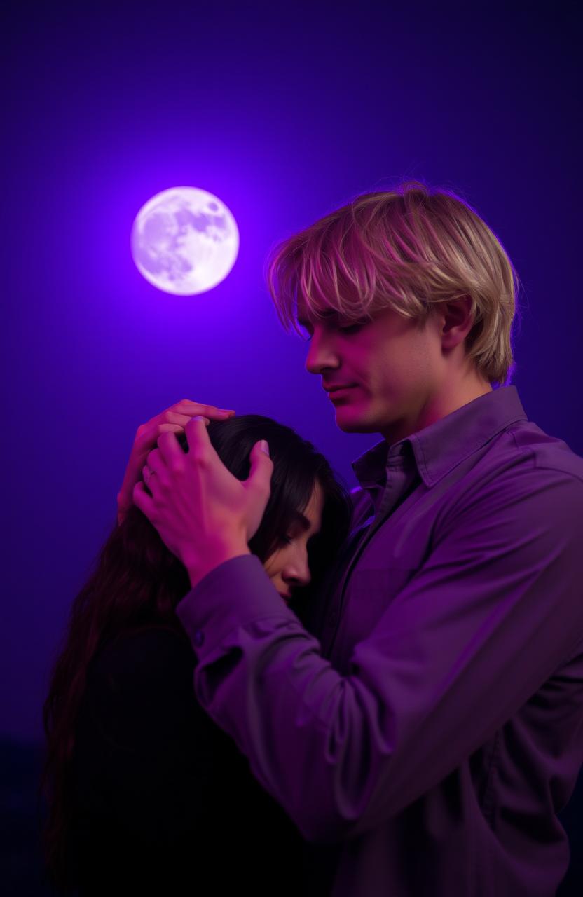 A tall man with blonde hair, standing at two meters, with his hands gently placed on the head of a dark-haired woman