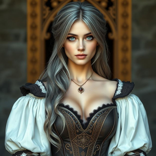 A stunning European cleric with a slender figure and strikingly large, tender pushed-up breasts