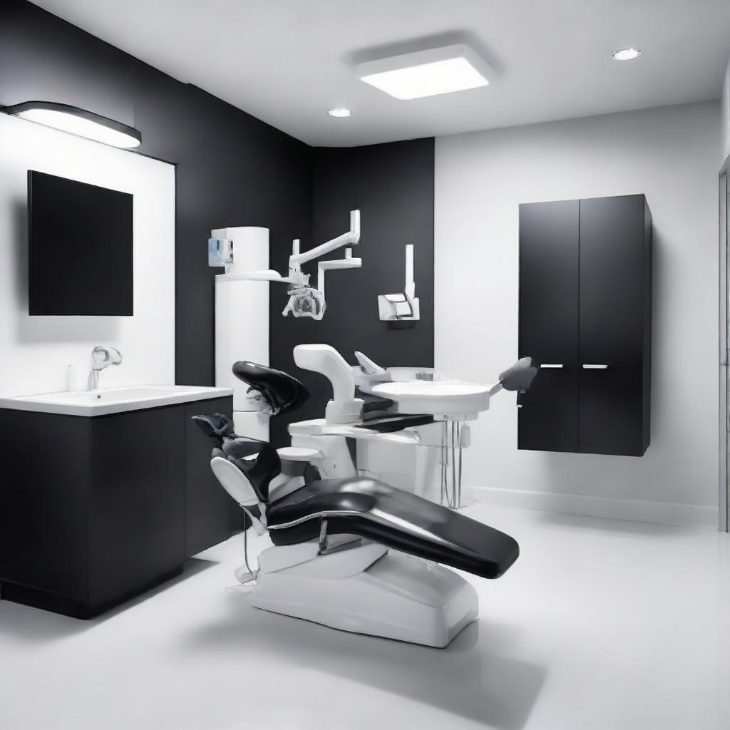 A sleek and contemporary dental unit, with a standout black dental chair, crisp white floor, and dark black walls. This setup illustrates a high contrast, modern design, paired with top-of-the-range dental equipment.