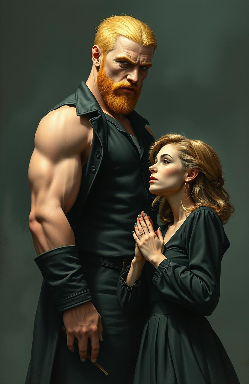 A tall blonde man, two meters in height, with a stubble beard and visible muscular tones, stands in front of a medium-height woman