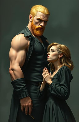 A tall blonde man, two meters in height, with a stubble beard and visible muscular tones, stands in front of a medium-height woman