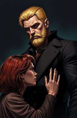A tall blonde man, two meters in height, with a stubble beard and visible muscular tones, stands in front of a medium-height woman