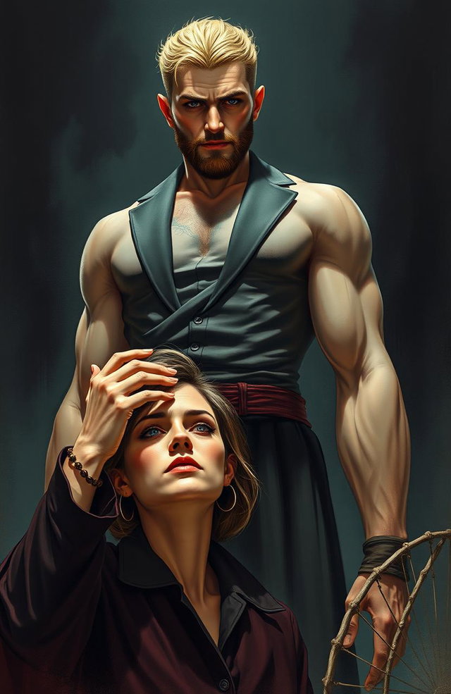 A tall blonde man, two meters in height, with a stubble beard and visible muscular tones, stands in front of a medium-height woman