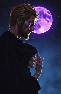 A tall, two-meter high man with blonde hair and stubble, appearing thin and villainous, stands in profile, his purple glowing eyes casting an eerie light