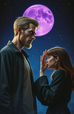 A tall, two-meter high man with blonde hair and stubble, appearing thin and villainous, stands in profile, his purple glowing eyes casting an eerie light