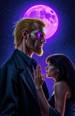 A tall, two-meter high man with blonde hair and stubble, appearing thin and villainous, stands in profile, his purple glowing eyes casting an eerie light