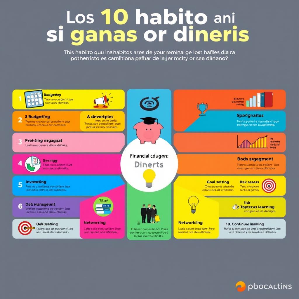 An informative infographic illustrating the ten habits that determine whether you gain or lose money, featuring bold and colorful sections for each habit, with the Spanish title 'Los 10 hábitos que determinan si ganas o pierdes dinero' prominently displayed at the top