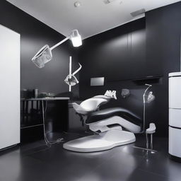 A sleek and contemporary dental unit, with a standout black dental chair, crisp white floor, and dark black walls. This setup illustrates a high contrast, modern design, paired with top-of-the-range dental equipment.