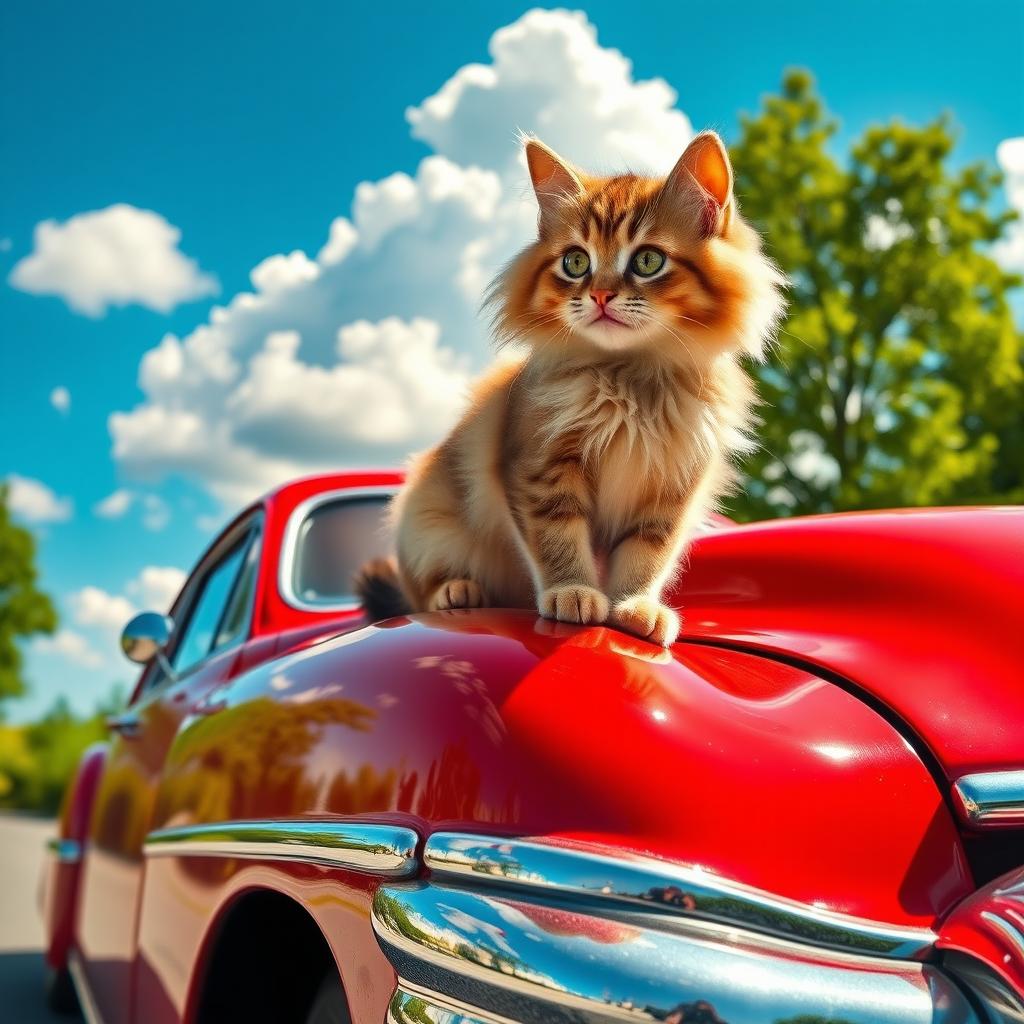 A playful scene featuring a fluffy, adorable cat sitting on the hood of a vintage red car