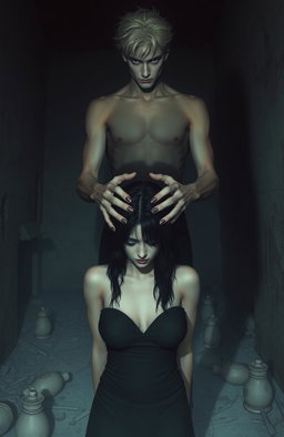 A tall man with blonde hair, standing at two meters, has his hands on the head of a dark-haired woman in a pose resembling prayer but with a sinister connotation
