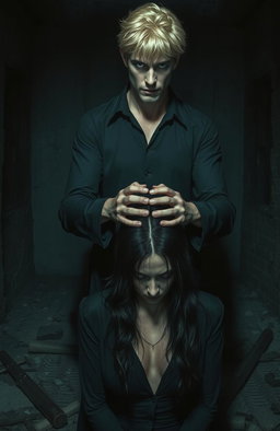 A tall man with blonde hair, standing at two meters, has his hands on the head of a dark-haired woman in a pose resembling prayer but with a sinister connotation