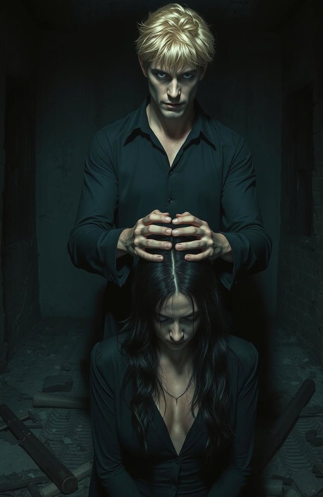 A tall man with blonde hair, standing at two meters, has his hands on the head of a dark-haired woman in a pose resembling prayer but with a sinister connotation