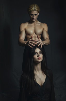 A tall man with blonde hair, standing at two meters, has his hands on the head of a dark-haired woman in a pose resembling prayer but with a sinister connotation
