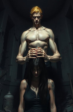 A tall man with blonde hair, standing at two meters, has his hands on the head of a dark-haired woman in a pose resembling prayer but with a sinister connotation