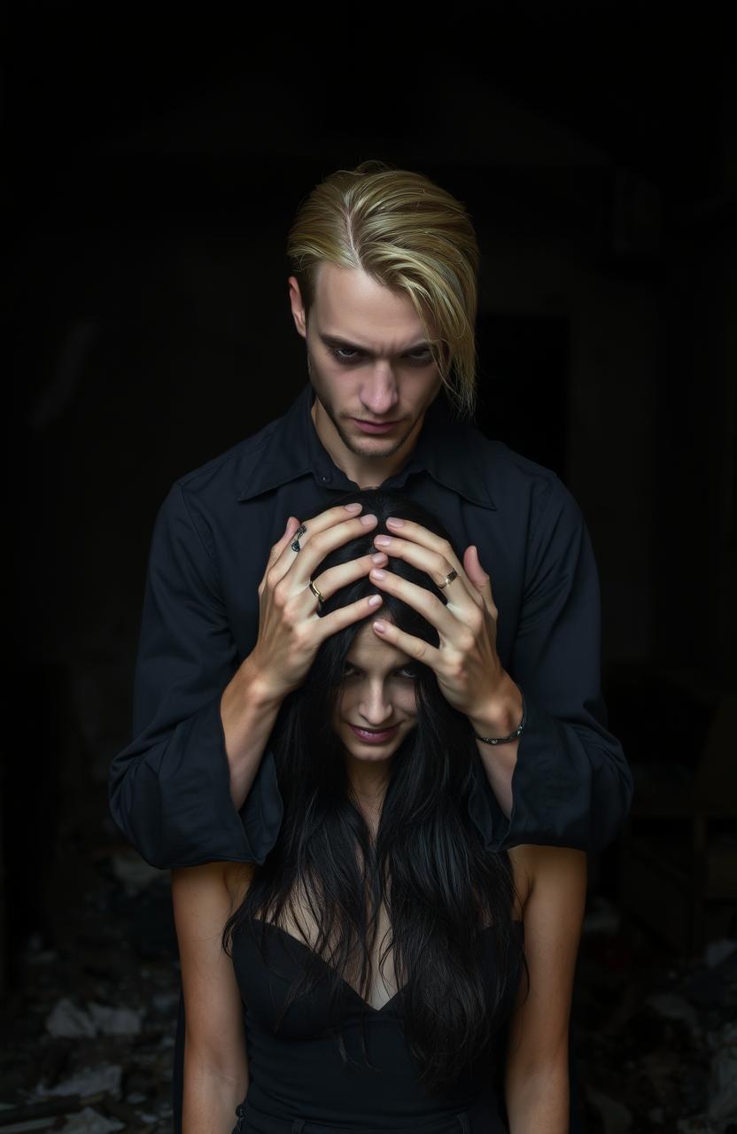 A tall blond man, two meters in height, with a slender frame and violet eyes, has his hands placed ominously on the head of a dark-haired woman, creating a sinister atmosphere as if he were praying, but in a malevolent manner