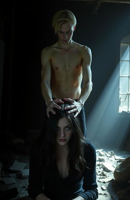 A tall blond man, two meters in height, with a slender frame and violet eyes, has his hands placed ominously on the head of a dark-haired woman, creating a sinister atmosphere as if he were praying, but in a malevolent manner