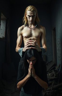 A sinister looking tall man, 2 meters high, with striking violet eyes and blonde hair, standing ominously with his hands placed on the head of a dark-haired woman in a praying posture, but in a disturbing manner