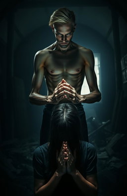 A sinister looking tall man, 2 meters high, with striking violet eyes and blonde hair, standing ominously with his hands placed on the head of a dark-haired woman in a praying posture, but in a disturbing manner