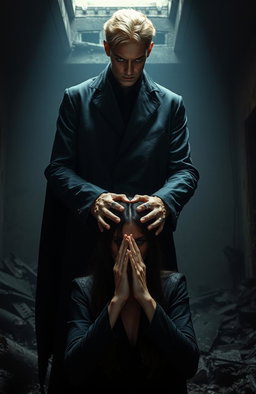 A sinister looking tall man, 2 meters high, with striking violet eyes and blonde hair, standing ominously with his hands placed on the head of a dark-haired woman in a praying posture, but in a disturbing manner