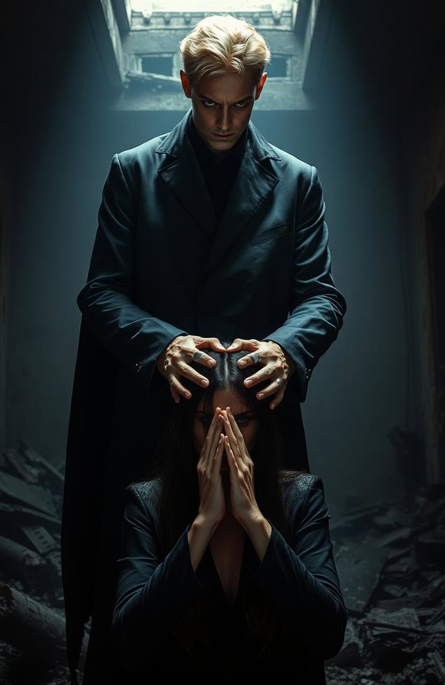 A sinister looking tall man, 2 meters high, with striking violet eyes and blonde hair, standing ominously with his hands placed on the head of a dark-haired woman in a praying posture, but in a disturbing manner