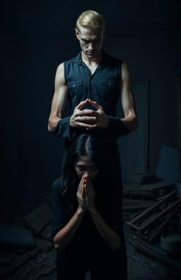 A sinister looking tall man, 2 meters high, with striking violet eyes and blonde hair, standing ominously with his hands placed on the head of a dark-haired woman in a praying posture, but in a disturbing manner