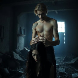 A sinister tall man, 2 meters high, with striking violet eyes and blonde hair, standing menacingly with his hands placed on the head of an innocent dark-haired woman, as if in a disturbing prayer