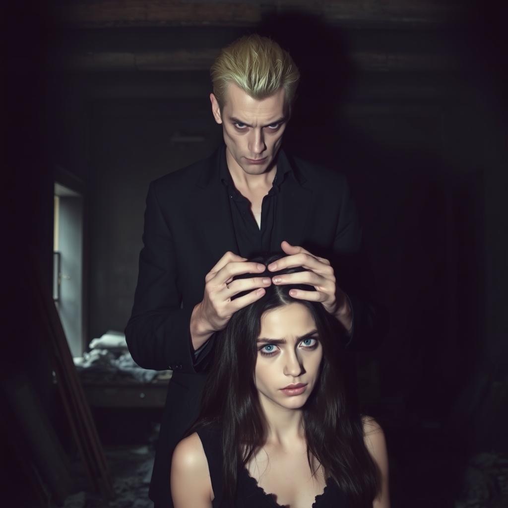 A sinister tall man, 2 meters high, with striking violet eyes and blonde hair, standing menacingly with his hands placed on the head of an innocent dark-haired woman, as if in a disturbing prayer
