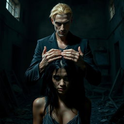 A sinister tall man, 2 meters high, with striking violet eyes and blonde hair, standing menacingly with his hands placed on the head of an innocent dark-haired woman, as if in a disturbing prayer