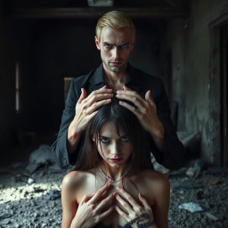 A sinister tall man, 2 meters high, with striking violet eyes and blonde hair, standing menacingly with his hands placed on the head of an innocent dark-haired woman, as if in a disturbing prayer